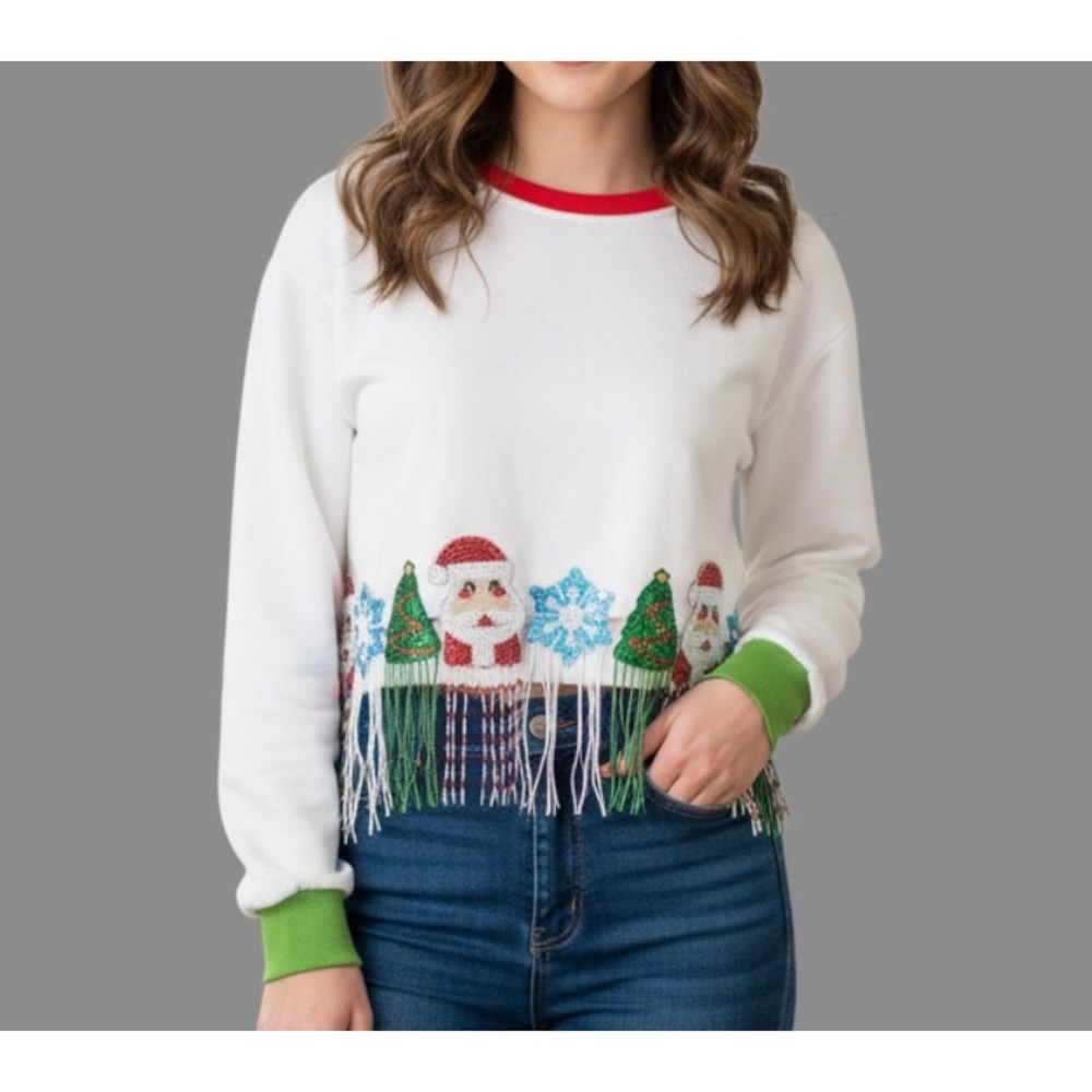 QUEEN OF SPARKLES White Crop Top Sweatshirt BEAD FRINGE Santa Christmas Tree XS